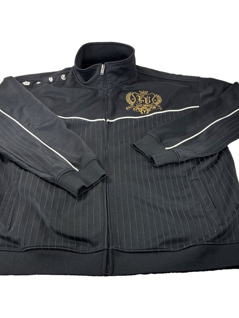 Ecko Unltd Track Jacket 3XL Black Pinstripe Gold Crest Graphic Full Zip Mens